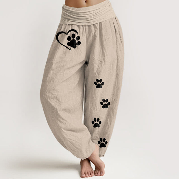 Buddha Stones Pantalon harem pour femme en pur coton à motif cœur et empreintes de pattes, taille élastique - Tanné - US16，UK/AU20，EU48 (3XL) - image 14