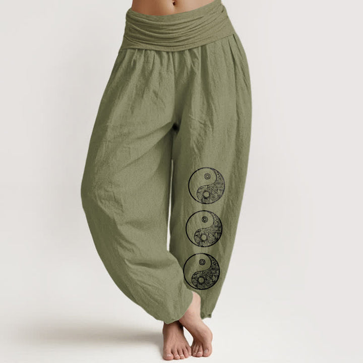 Buddha Stones Pantalon harem pour femme en pur coton à motif Yin Yang et taille élastique - Vert olive - US16，UK/AU20，EU48 (3XL) - image 11