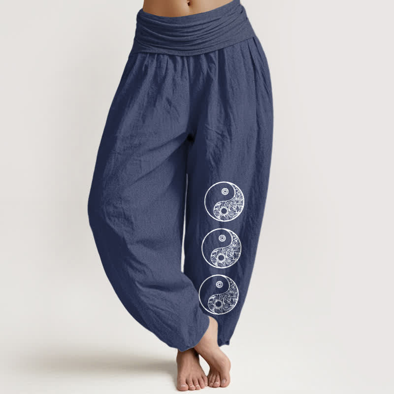 Buddha Stones Pantalon harem pour femme en pur coton à motif Yin Yang et taille élastique - Bleu ardoise foncé - US16，UK/AU20，EU48 (3XL) - image 8