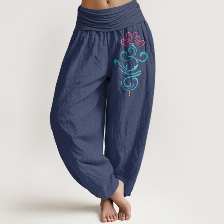 Buddha Stones Pantalon harem pour femme en pur coton à motif de lotus et taille élastique - Bleu ardoise foncé - US16，UK/AU20，EU48 (3XL) - image 5