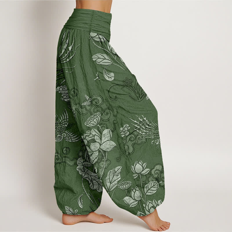 Buddha Stones Pantalon harem à taille élastique pour femme, en coton, motif lotus et oiseau - image 2
