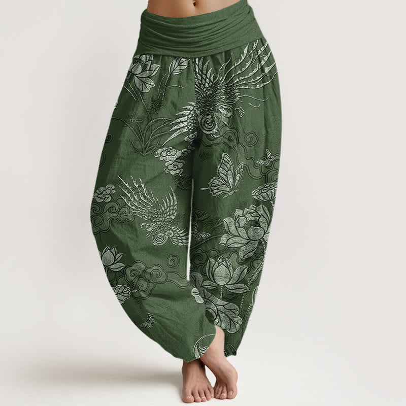 Buddha Stones Pantalon harem à taille élastique pour femme, en coton, motif lotus et oiseau - Vert forêt - US16，UK/AU20，EU48 (3XL) - image 0