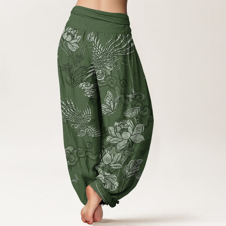 Buddha Stones Pantalon harem à taille élastique pour femme, en coton, motif lotus et oiseau - image 1