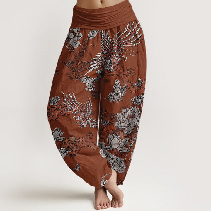 Buddha Stones Pantalon harem à taille élastique pour femme, en coton, motif lotus et oiseau - Terre de sienne - US16，UK/AU20，EU48 (3XL) - image 8