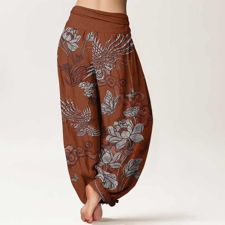 Buddha Stones Pantalon harem à taille élastique pour femme, en coton, motif lotus et oiseau - image 9