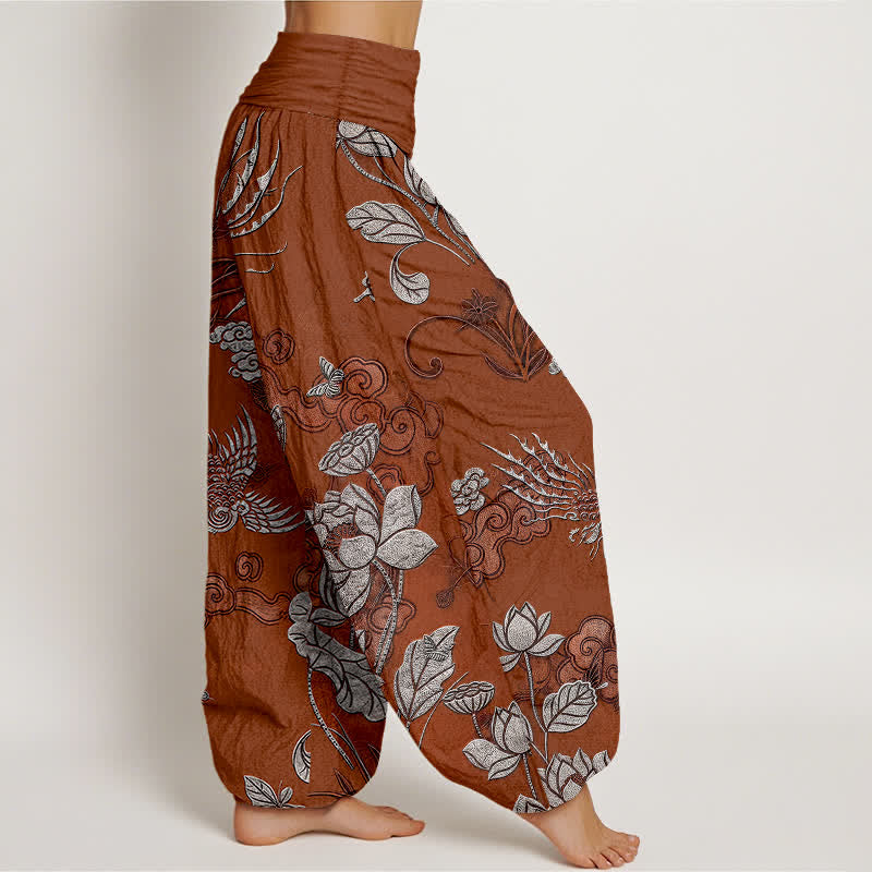 Buddha Stones Pantalon harem à taille élastique pour femme, en coton, motif lotus et oiseau - image 10