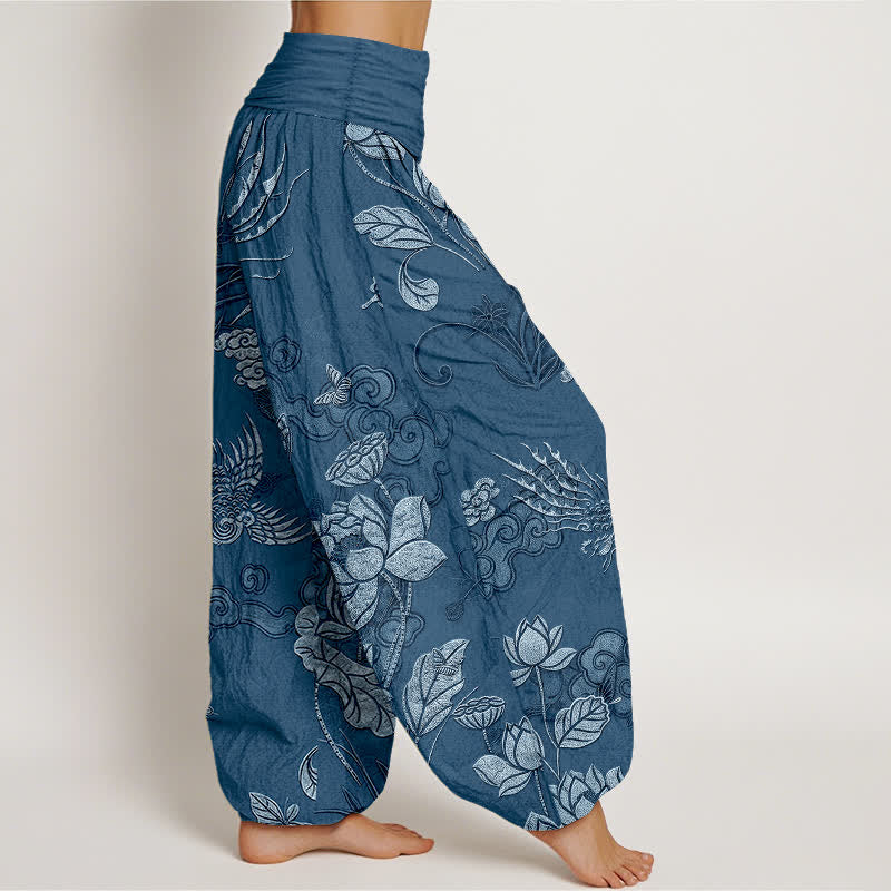 Buddha Stones Pantalon harem à taille élastique pour femme, en coton, motif lotus et oiseau - image 7