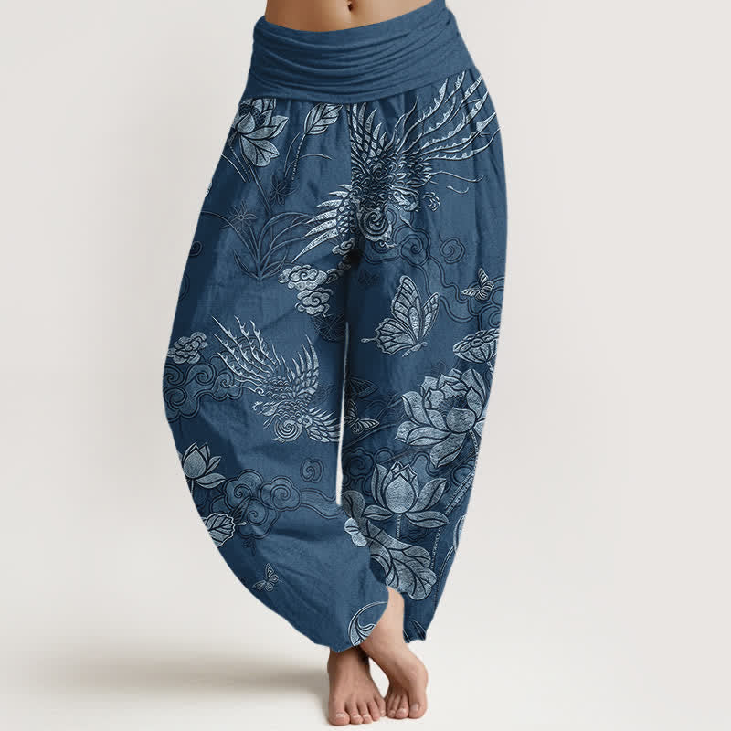 Buddha Stones Pantalon harem à taille élastique pour femme, en coton, motif lotus et oiseau - SteelBlue - US16，UK/AU20，EU48 (3XL) - image 5
