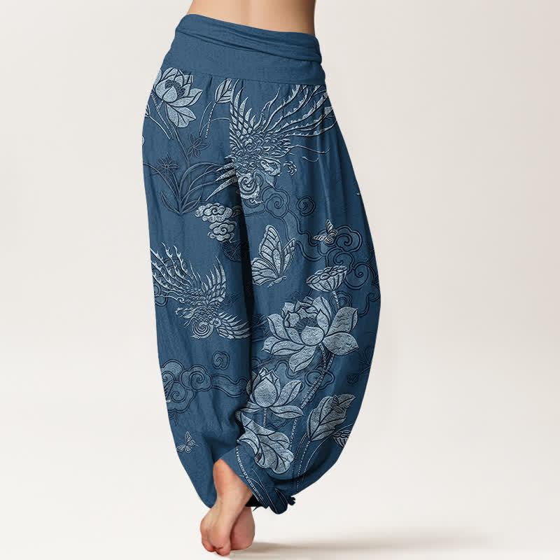 Buddha Stones Pantalon harem à taille élastique pour femme, en coton, motif lotus et oiseau - image 6