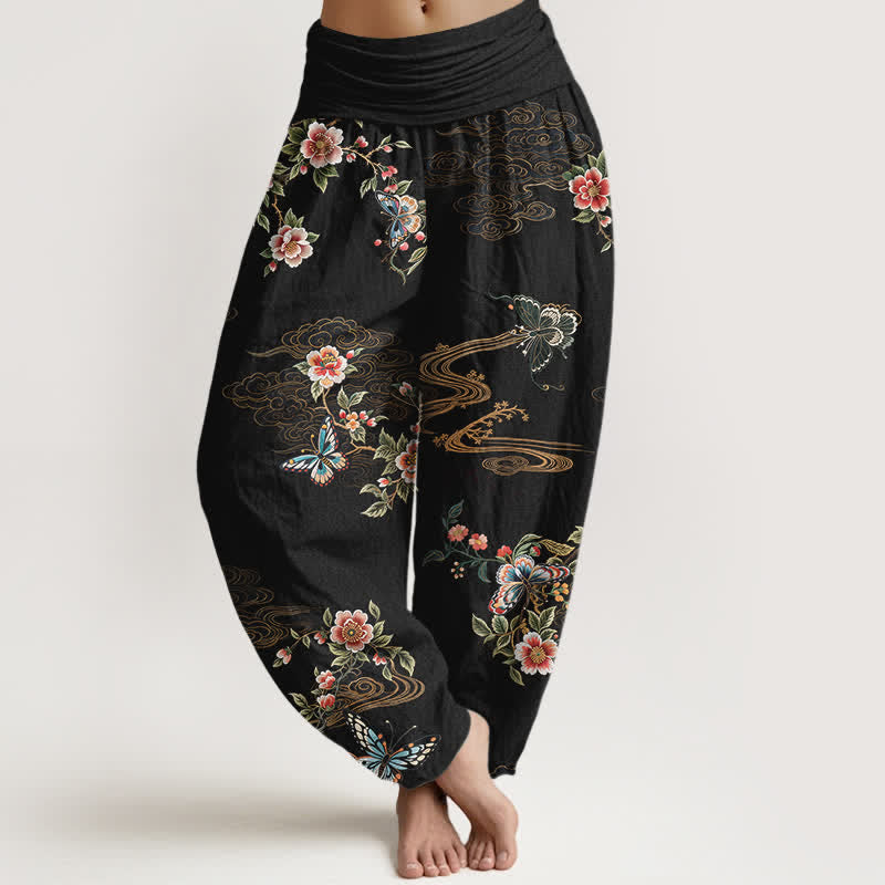 Buddha Stones Pantalon harem pour femme en pur coton à motif floral et papillons, taille élastique - Noir - US16，UK/AU20，EU48 (3XL) - image 0