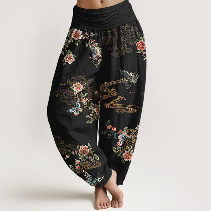 Buddha Stones Pantalon harem pour femme en pur coton à motif floral et papillons, taille élastique - Noir - US16，UK/AU20，EU48 (3XL) - image 0