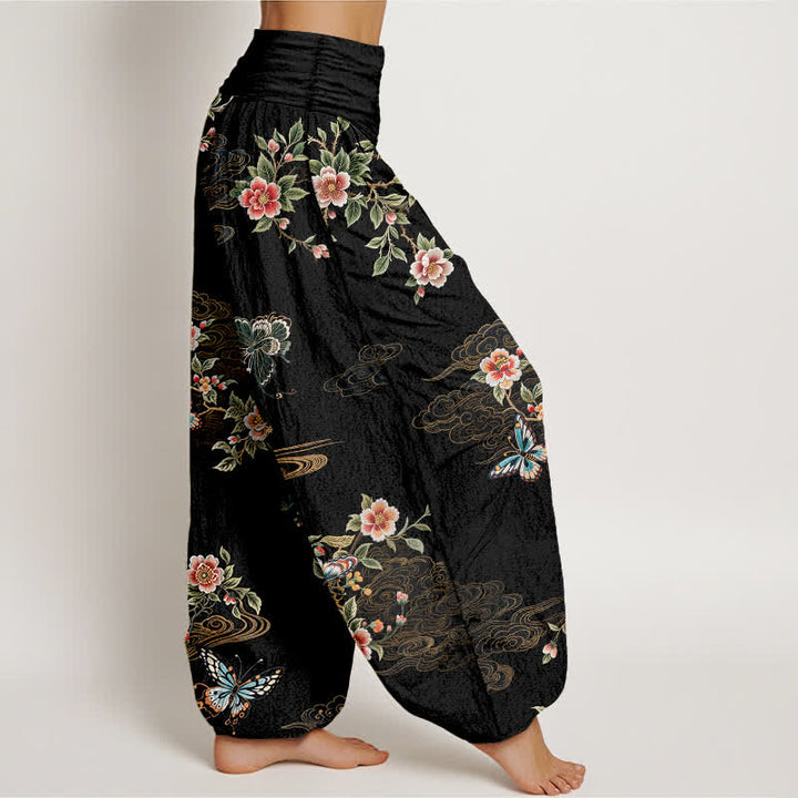 Buddha Stones Pantalon harem pour femme en pur coton à motif floral et papillons, taille élastique - image 2