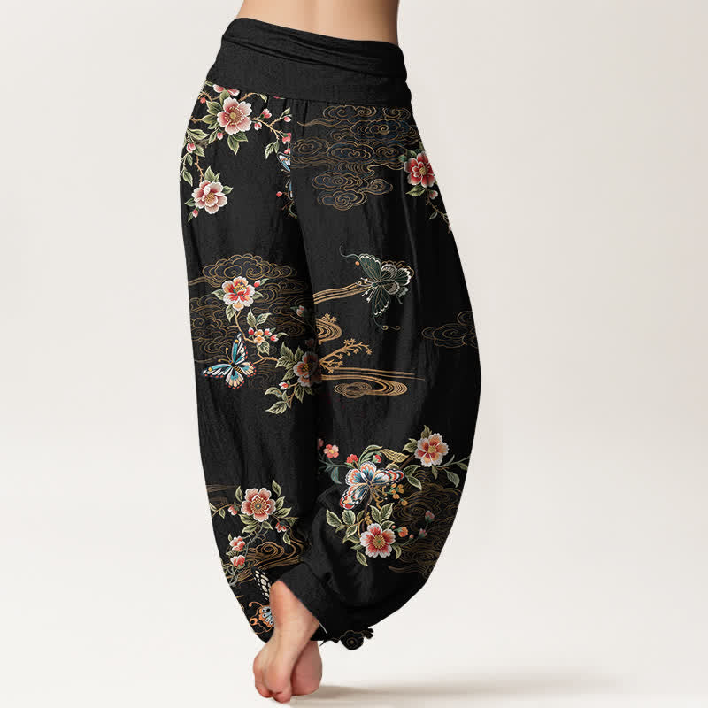 Buddha Stones Pantalon harem pour femme en pur coton à motif floral et papillons, taille élastique - image 1