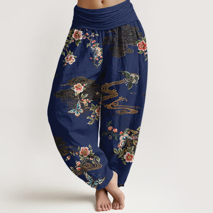 Buddha Stones Pantalon harem pour femme en pur coton à motif floral et papillons, taille élastique - Marine - US16，UK/AU20，EU48 (3XL) - image 5