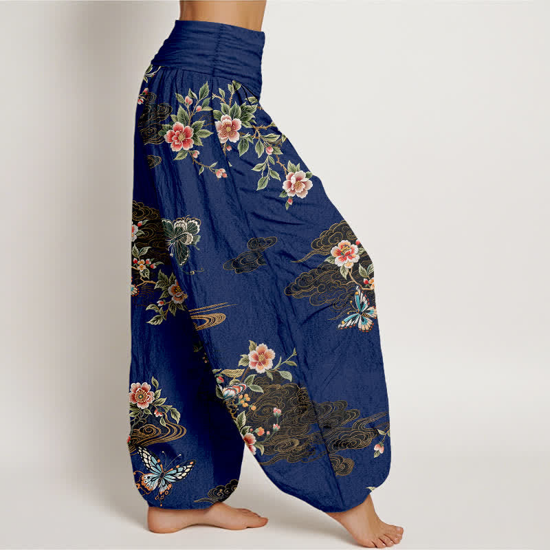Buddha Stones Pantalon harem pour femme en pur coton à motif floral et papillons, taille élastique - image 7