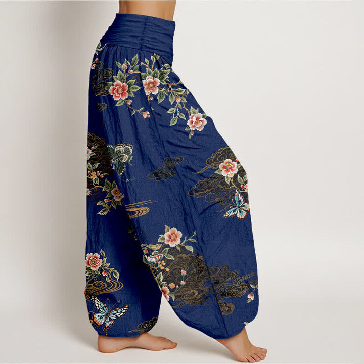 Buddha Stones Pantalon harem pour femme en pur coton à motif floral et papillons, taille élastique - image 7