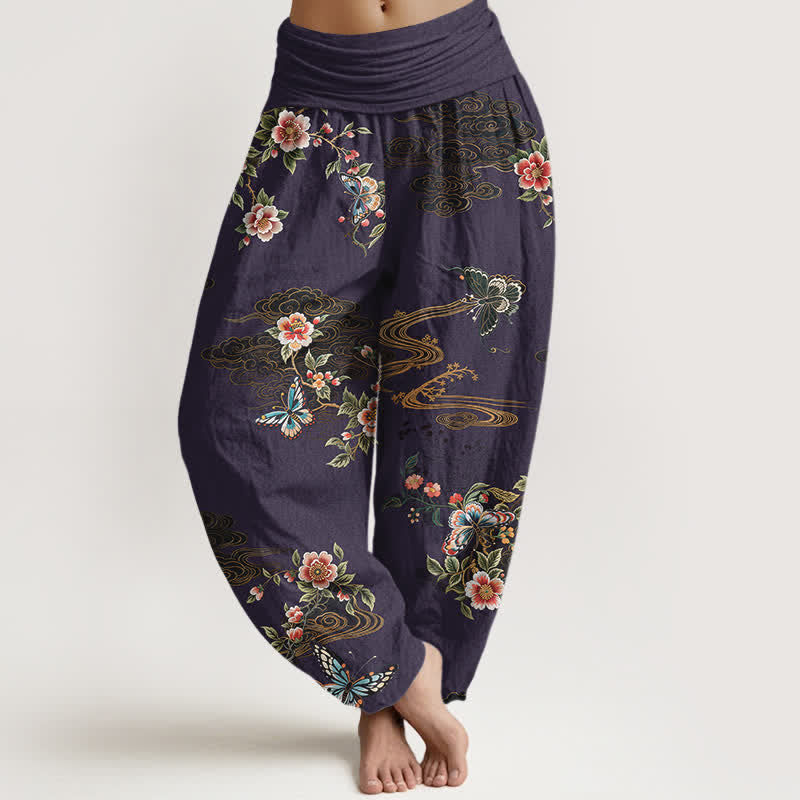 Buddha Stones Pantalon harem pour femme en pur coton à motif floral et papillons, taille élastique - Indigo - US16，UK/AU20，EU48 (3XL) - image 8
