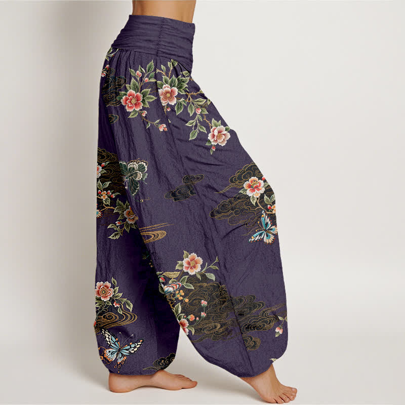 Buddha Stones Pantalon harem pour femme en pur coton à motif floral et papillons, taille élastique - image 10