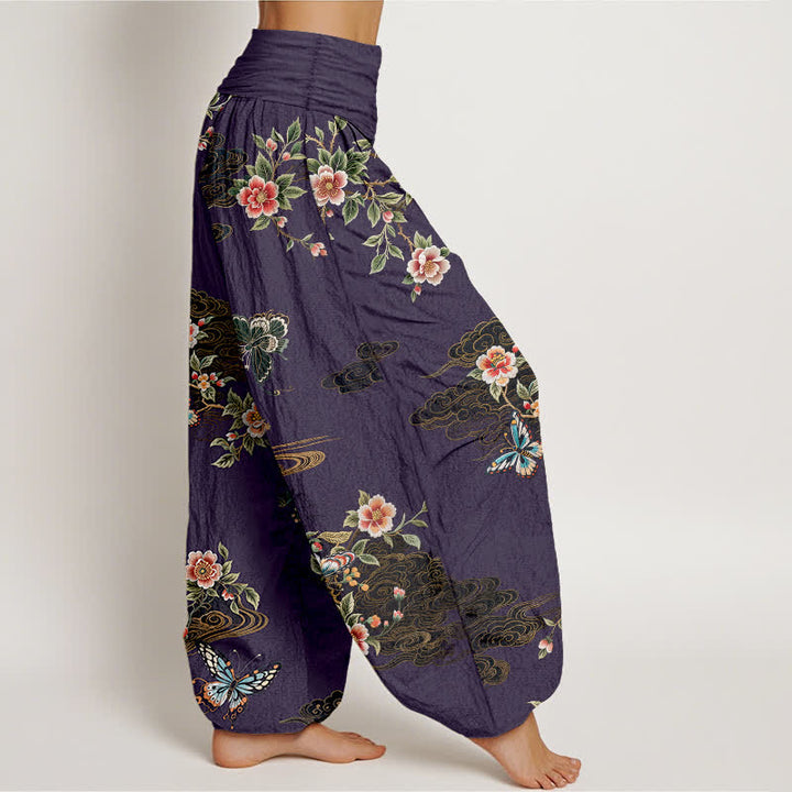 Buddha Stones Pantalon harem pour femme en pur coton à motif floral et papillons, taille élastique - image 10