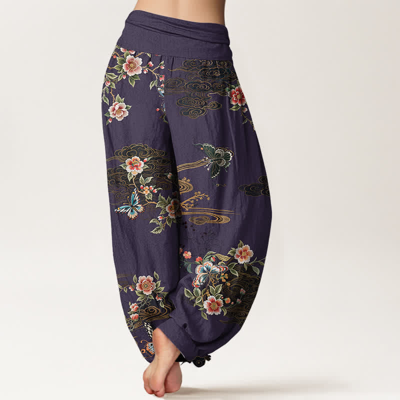 Buddha Stones Pantalon harem pour femme en pur coton à motif floral et papillons, taille élastique - image 9