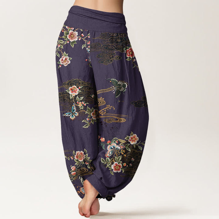 Buddha Stones Pantalon harem pour femme en pur coton à motif floral et papillons, taille élastique - image 9