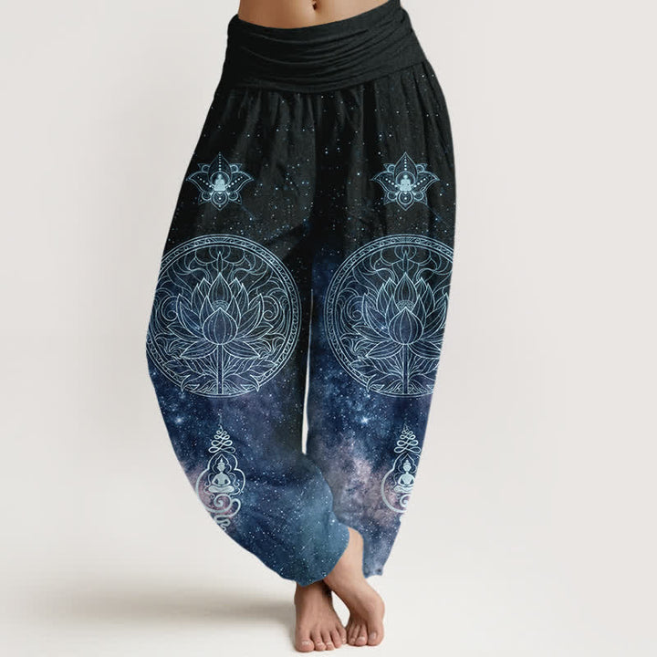 Buddha Stones Pantalon harem à taille élastique pour femme, en coton, motif mandala de lotus céleste - Bleu nuit - US16，UK/AU20，EU48 (3XL) - image 0