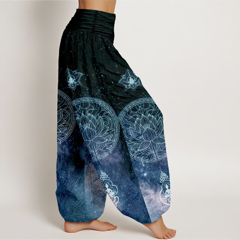 Buddha Stones Pantalon harem à taille élastique pour femme, en coton, motif mandala de lotus céleste - image 2