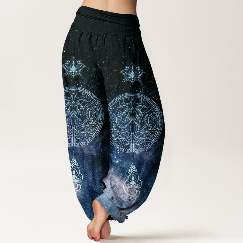 Buddha Stones Pantalon harem à taille élastique pour femme, en coton, motif mandala de lotus céleste - image 1