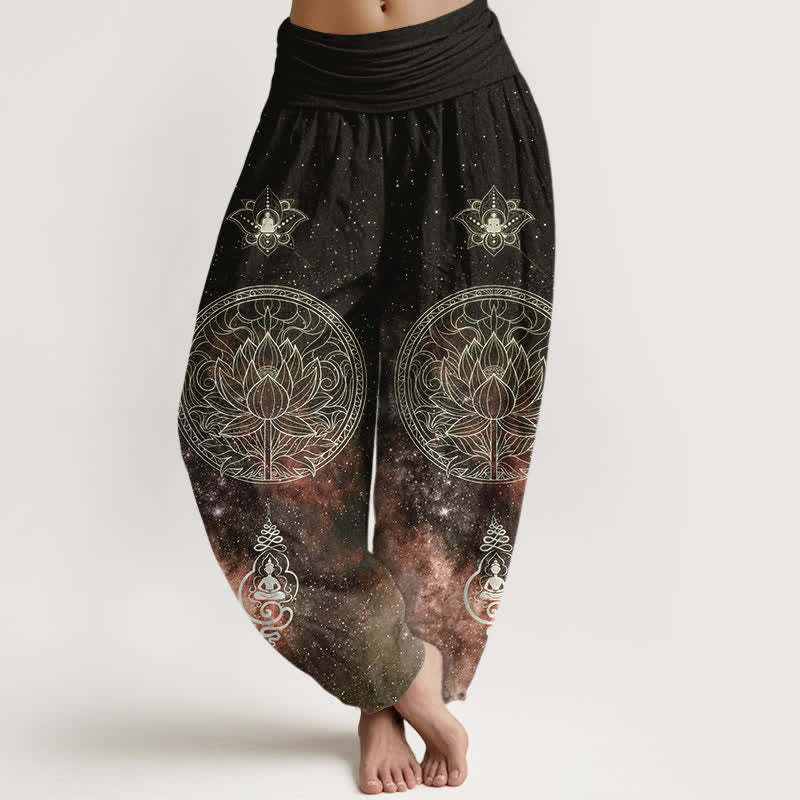 Buddha Stones Pantalon harem à taille élastique pour femme, en coton, motif mandala de lotus céleste - SaddleBrown - US16，UK/AU20，EU48 (3XL) - image 8