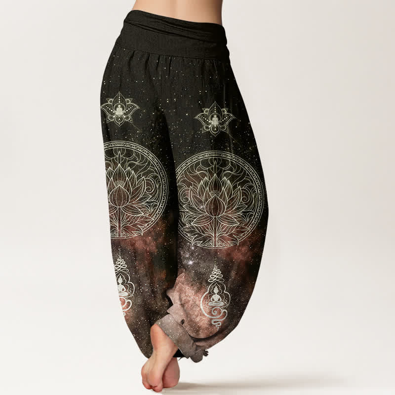 Buddha Stones Pantalon harem à taille élastique pour femme, en coton, motif mandala de lotus céleste - image 9
