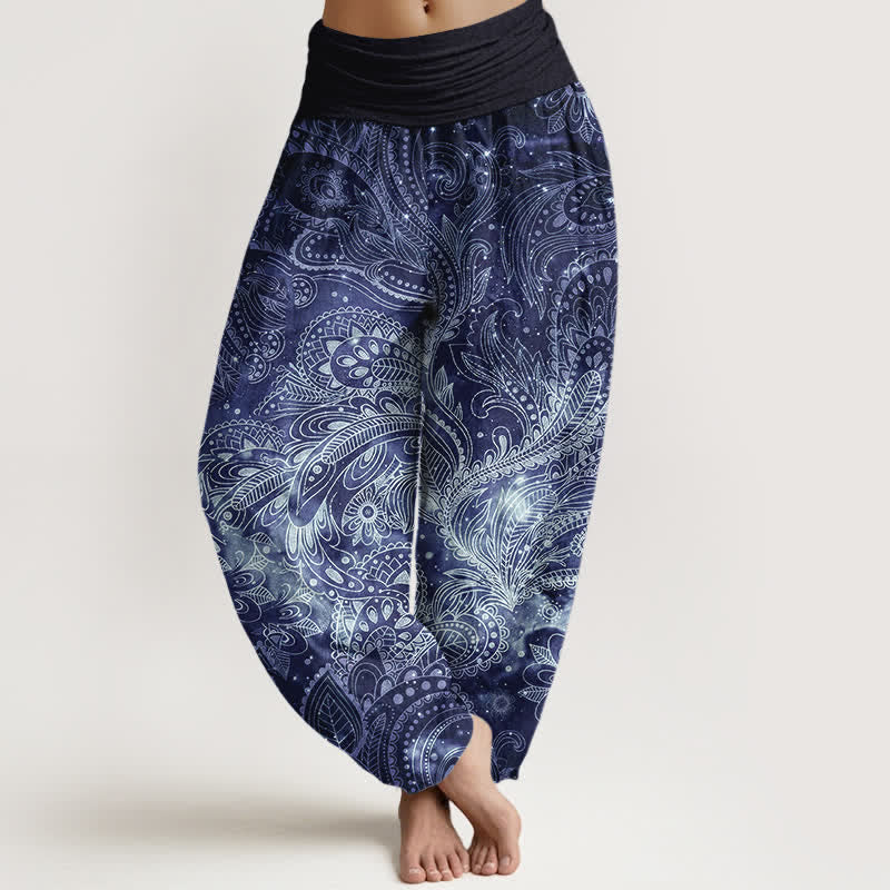 Buddha Stones Pantalon harem pour femme en pur coton à motif cachemire élégant et taille élastique - Marine - US16，UK/AU20，EU48 (3XL) - image 0
