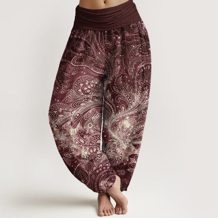 Buddha Stones Pantalon harem pour femme en pur coton à motif cachemire élégant et taille élastique - Bordeaux - US16，UK/AU20，EU48 (3XL) - image 8