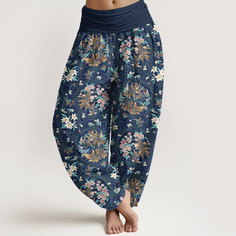 Buddha Stones Pantalon harem pour femme en pur coton à motif floral médaillon et taille élastique - Marine - US16，UK/AU20，EU48 (3XL) - image 0