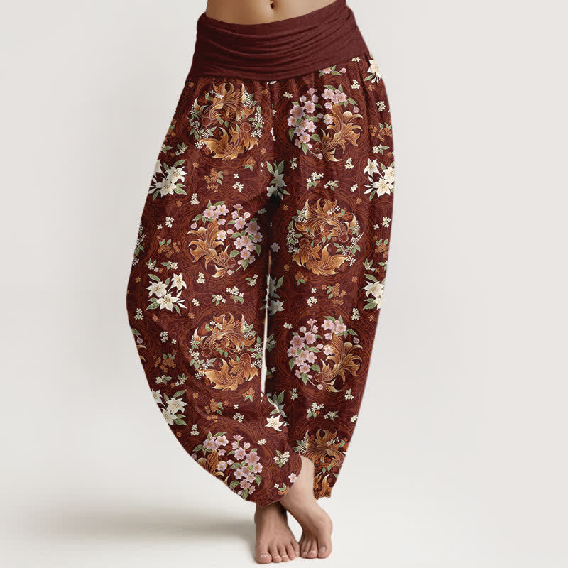 Buddha Stones Pantalon harem pour femme en pur coton à motif floral médaillon et taille élastique - Bordeaux - US16，UK/AU20，EU48 (3XL) - image 5