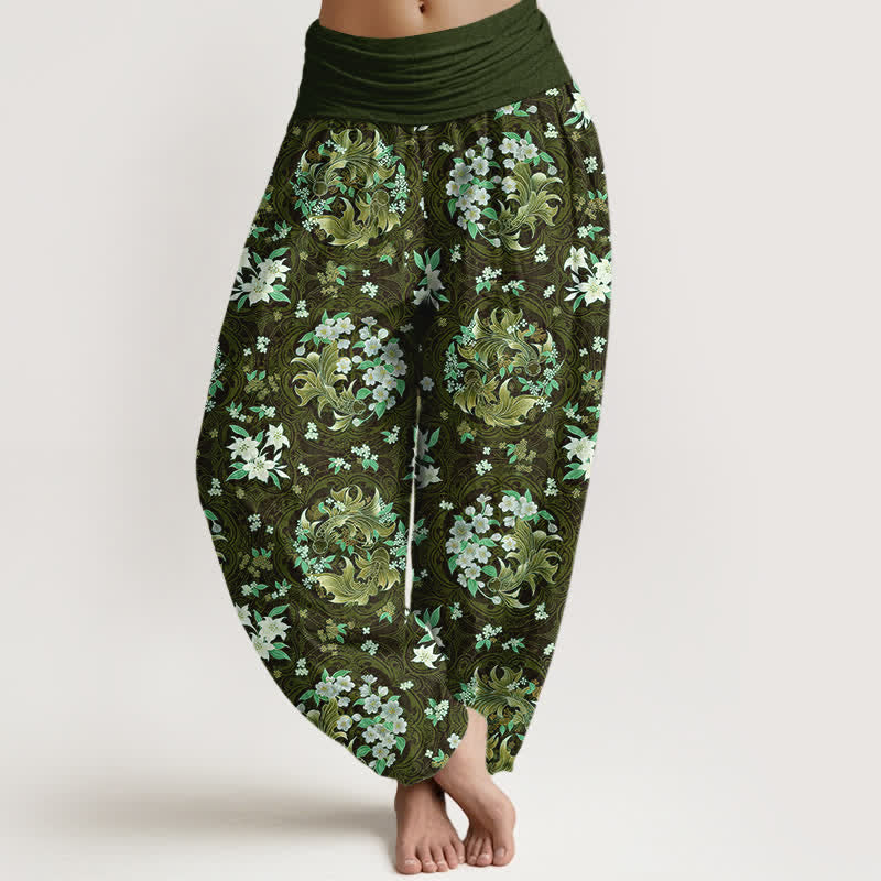 Buddha Stones Pantalon harem pour femme en pur coton à motif floral médaillon et taille élastique - Vert olive foncé - US16，UK/AU20，EU48 (3XL) - image 8