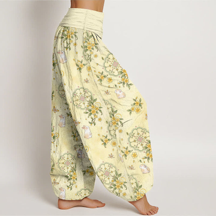 Buddha Stones Pantalon harem pour femme en pur coton à motif floral et lapin, taille élastique - image 2