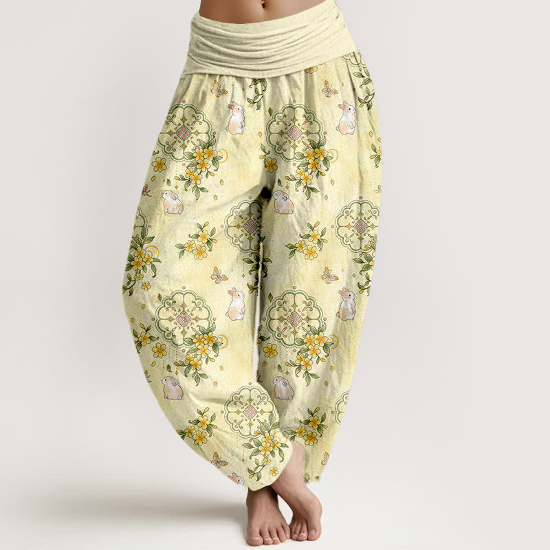 Buddha Stones Pantalon harem pour femme en pur coton à motif floral et lapin, taille élastique - LemonChiffon - US16，UK/AU20，EU48 (3XL) - image 0