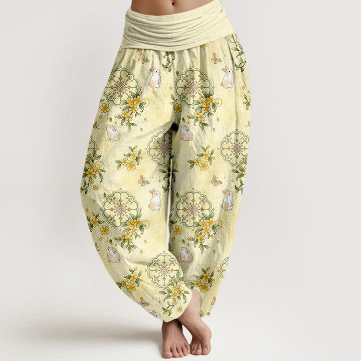 Buddha Stones Pantalon harem pour femme en pur coton à motif floral et lapin, taille élastique - LemonChiffon - US16，UK/AU20，EU48 (3XL) - image 0