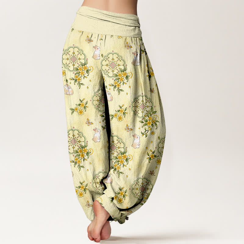 Buddha Stones Pantalon harem pour femme en pur coton à motif floral et lapin, taille élastique - image 1