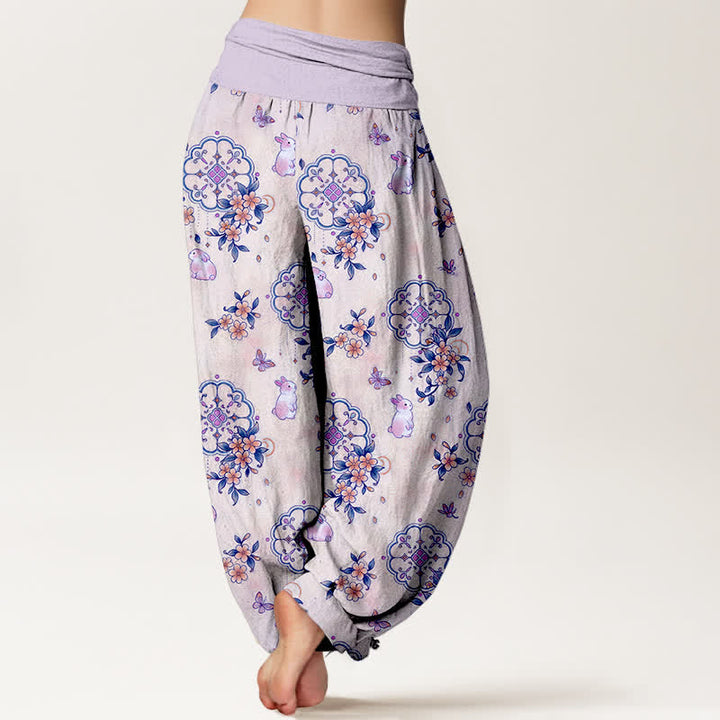 Buddha Stones Pantalon harem pour femme en pur coton à motif floral et lapin, taille élastique - image 6