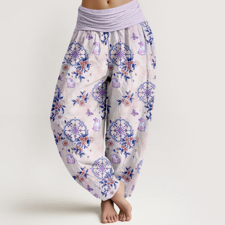 Buddha Stones Pantalon harem pour femme en pur coton à motif floral et lapin, taille élastique - Lavande - US16，UK/AU20，EU48 (3XL) - image 5