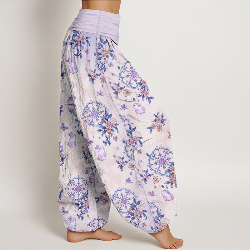 Buddha Stones Pantalon harem pour femme en pur coton à motif floral et lapin, taille élastique - image 7