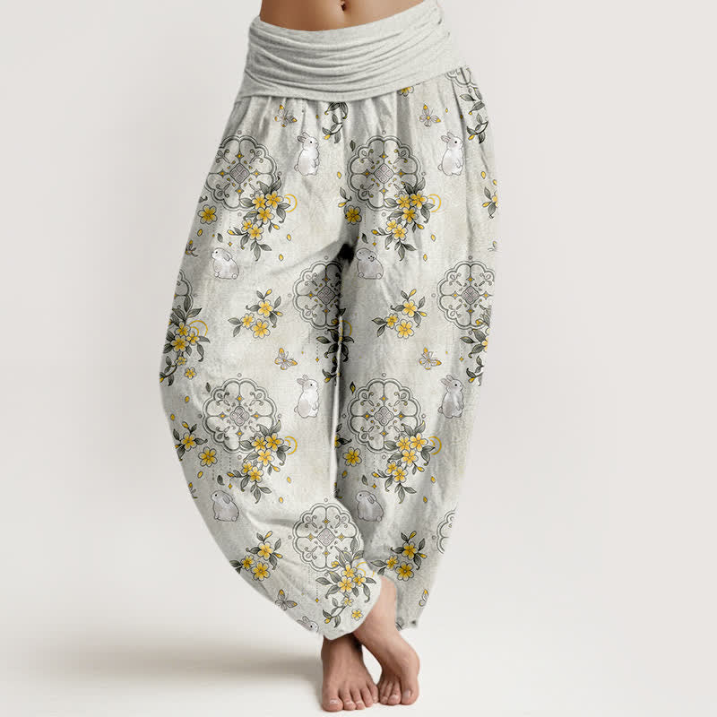 Buddha Stones Pantalon harem pour femme en pur coton à motif floral et lapin, taille élastique - Gris clair - US16，UK/AU20，EU48 (3XL) - image 8