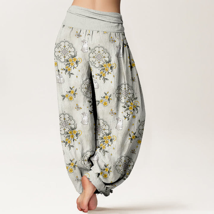 Buddha Stones Pantalon harem pour femme en pur coton à motif floral et lapin, taille élastique - image 9