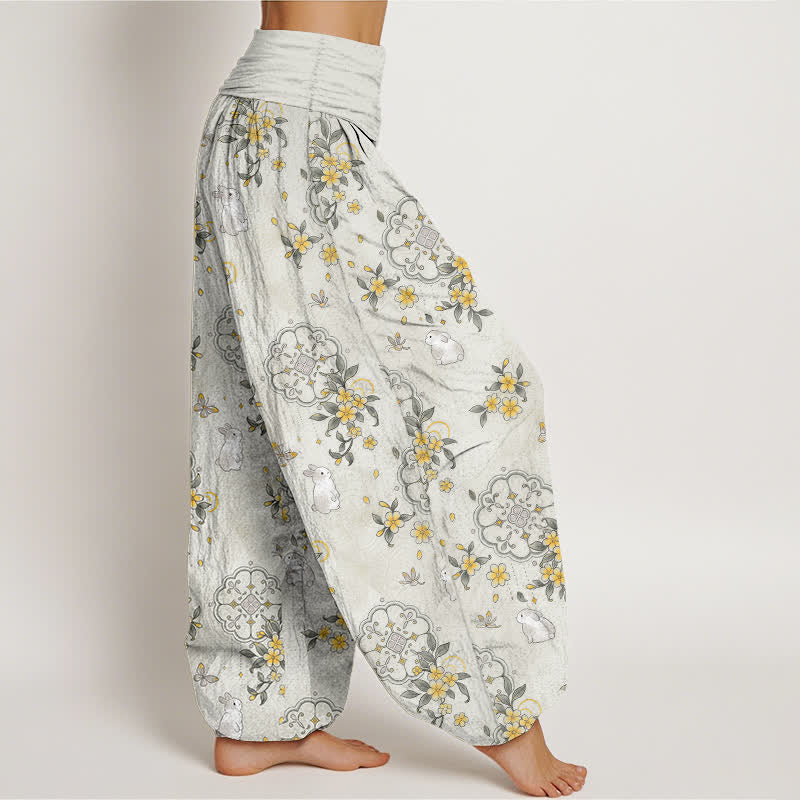 Buddha Stones Pantalon harem pour femme en pur coton à motif floral et lapin, taille élastique - image 10