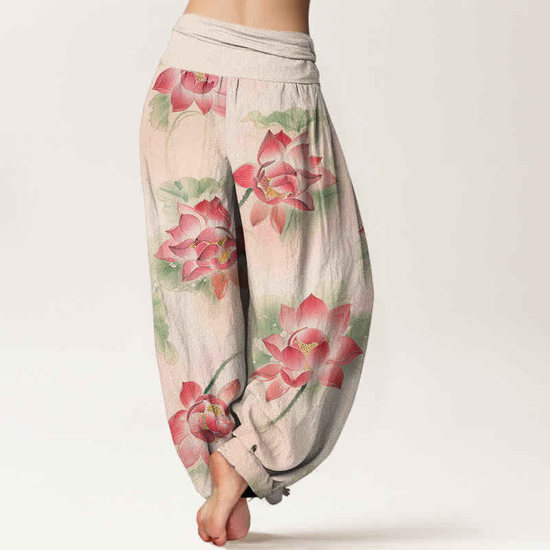 Buddha Stones Pantalon harem à taille élastique pour femme, motif lotus en coton - image 1
