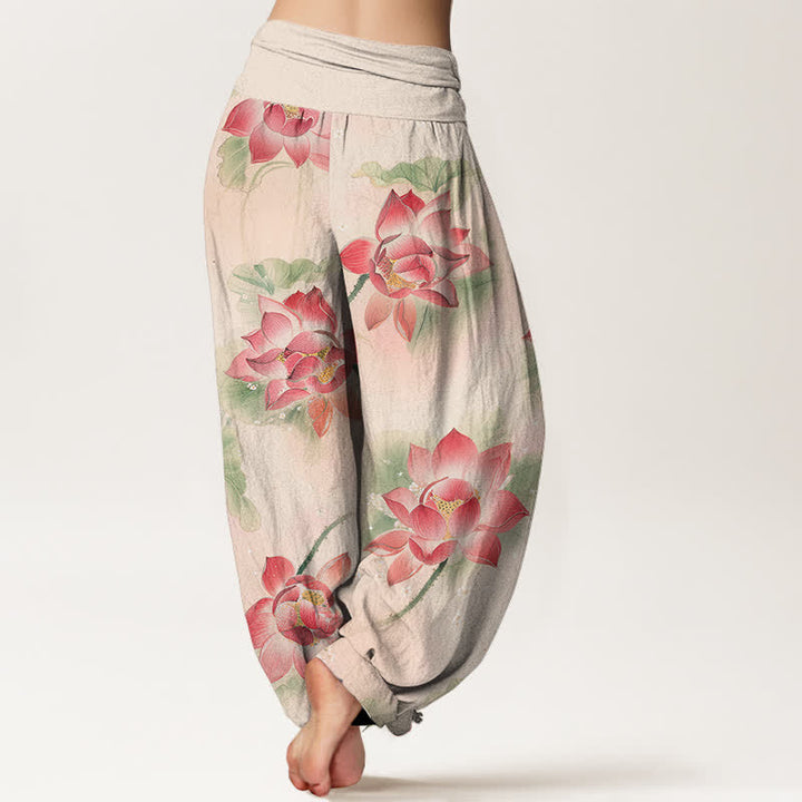 Buddha Stones Pantalon harem à taille élastique pour femme, motif lotus en coton - image 1
