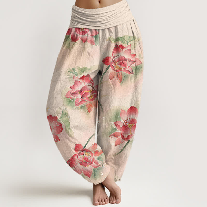 Buddha Stones Pantalon harem à taille élastique pour femme, motif lotus en coton - Lin - US16，UK/AU20，EU48 (3XL) - image 0