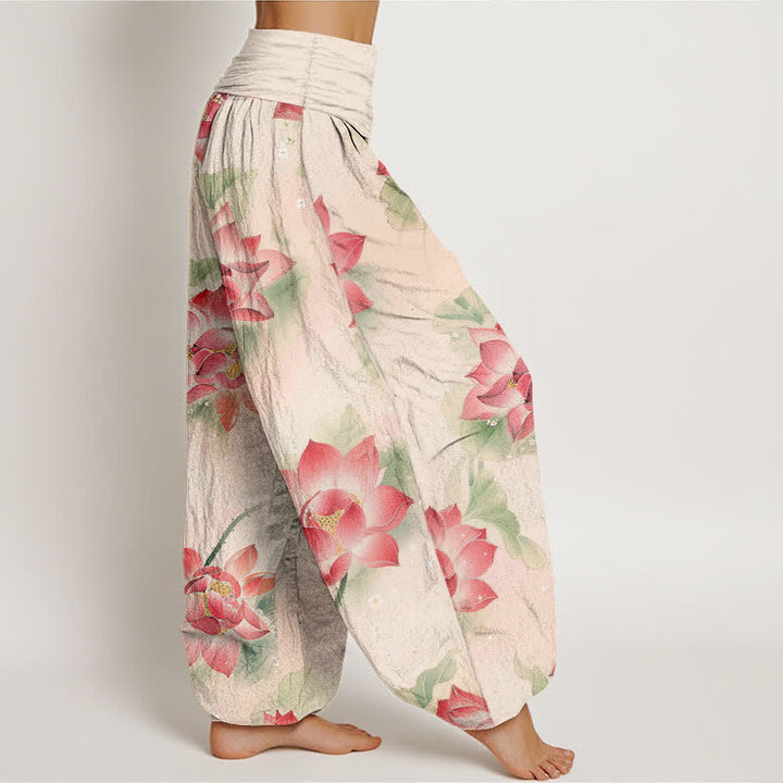 Buddha Stones Pantalon harem à taille élastique pour femme, motif lotus en coton - image 2