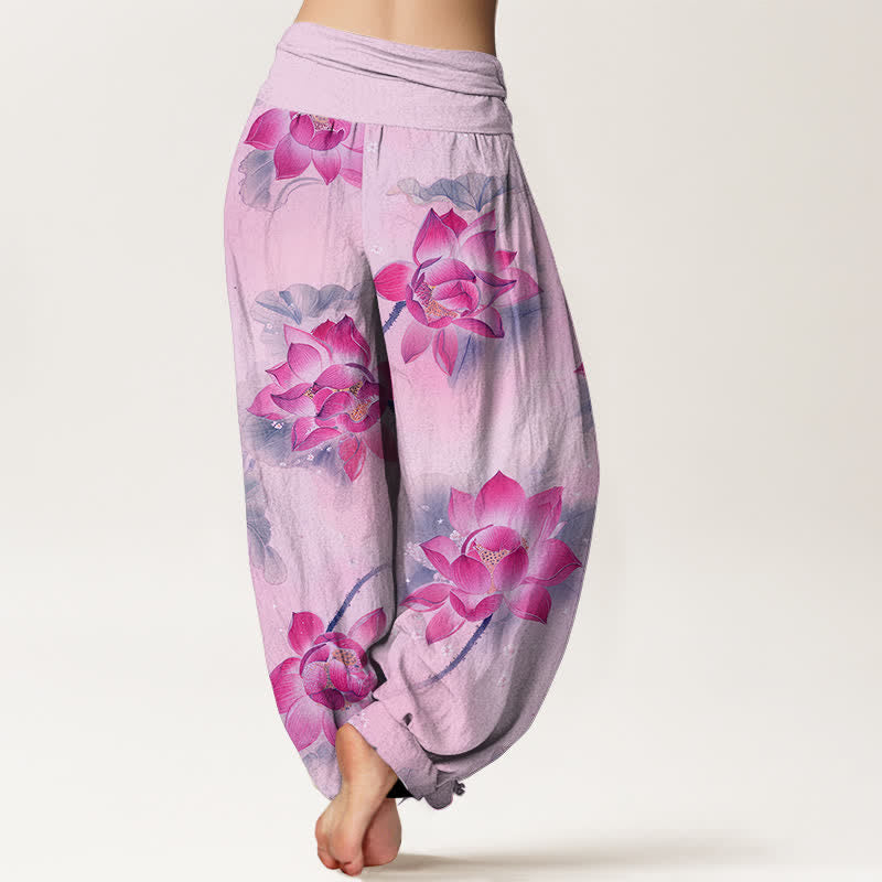 Buddha Stones Pantalon harem à taille élastique pour femme, motif lotus en coton - image 6
